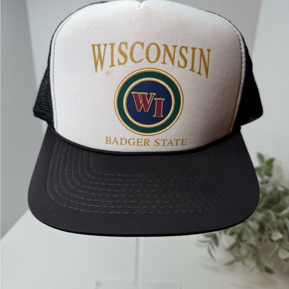 Vintage Wisconsin Badger State Foam Black & White Trucker Hat Snapback Retro WI - Picture 3 of 16